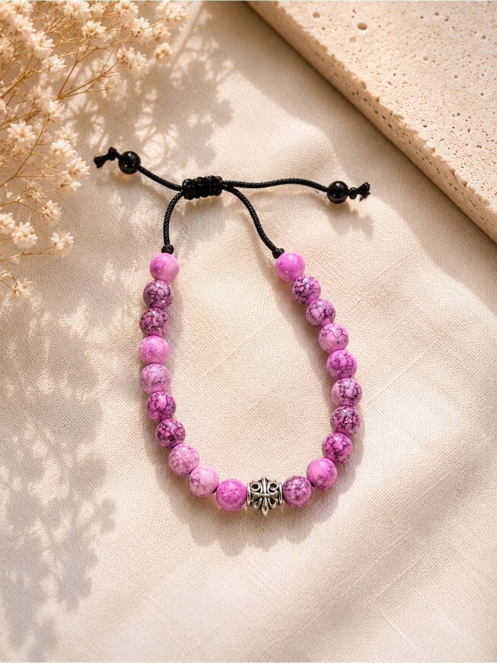 Adjustable Pink Beaded Bracelet with Silver Accent